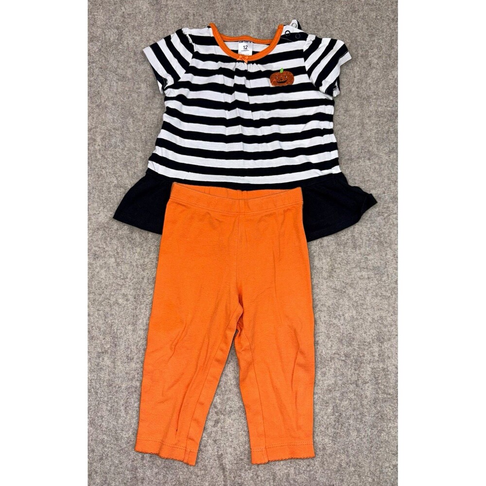 Carter's Girls 12 Months 2 Piece Halloween Pumpkin Striped Shirt Pants Orange